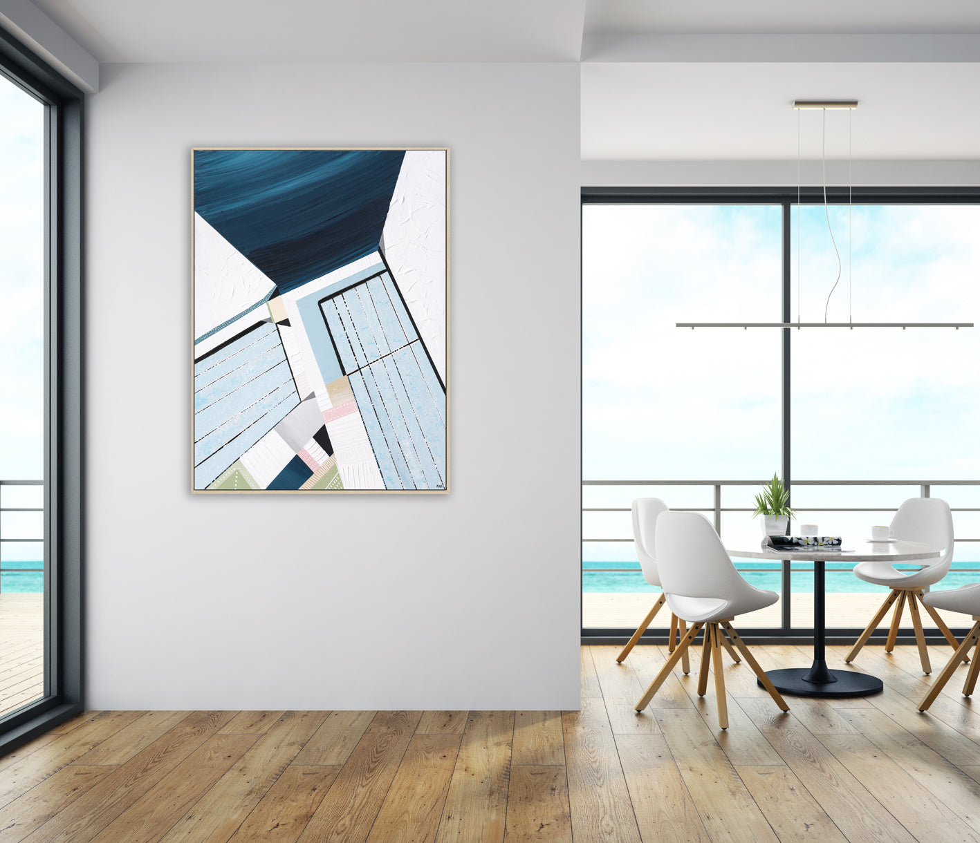 Original abstract painting titled "Bondi Icebergs" by Australian artist Ani Ipradjian, depicting the iconic Bondi Icebergs pool with vibrant Mediterranean hues and dynamic coastal elements.