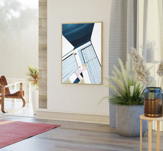 Original abstract painting titled "Bondi Icebergs" by Australian artist Ani Ipradjian, depicting the iconic Bondi Icebergs pool with vibrant Mediterranean hues and dynamic coastal elements.