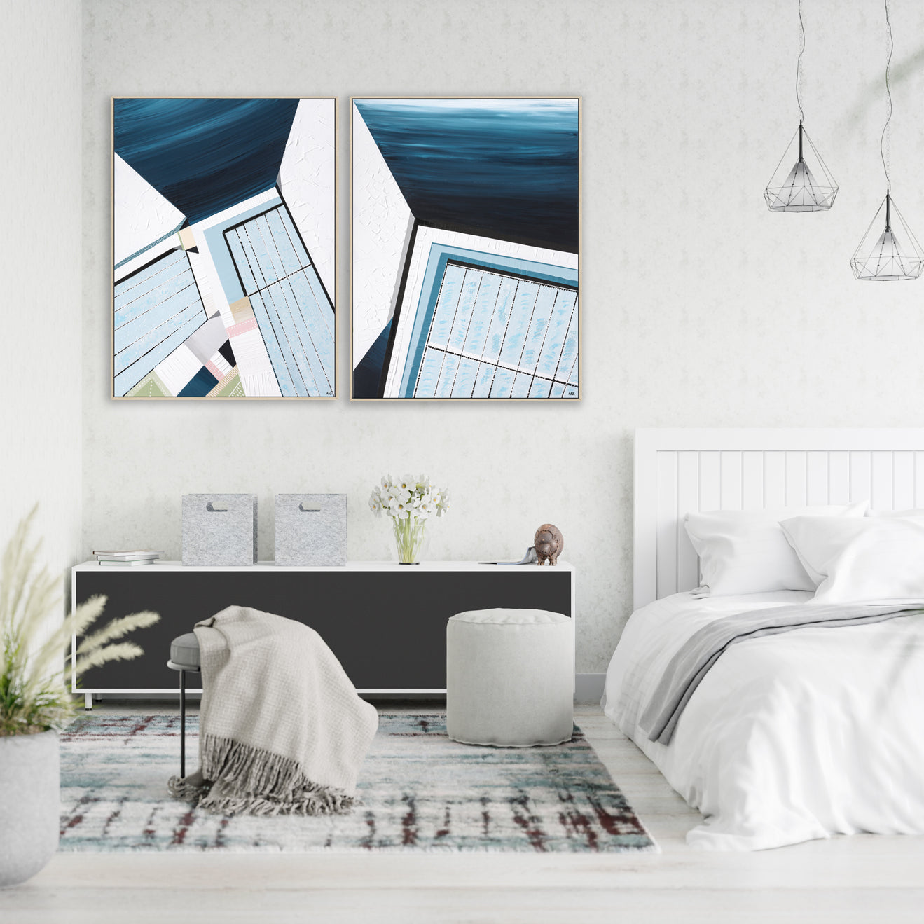 Original abstract painting titled "Bondi Icebergs" by Australian artist Ani Ipradjian, depicting the iconic Bondi Icebergs pool with vibrant Mediterranean hues and dynamic coastal elements.