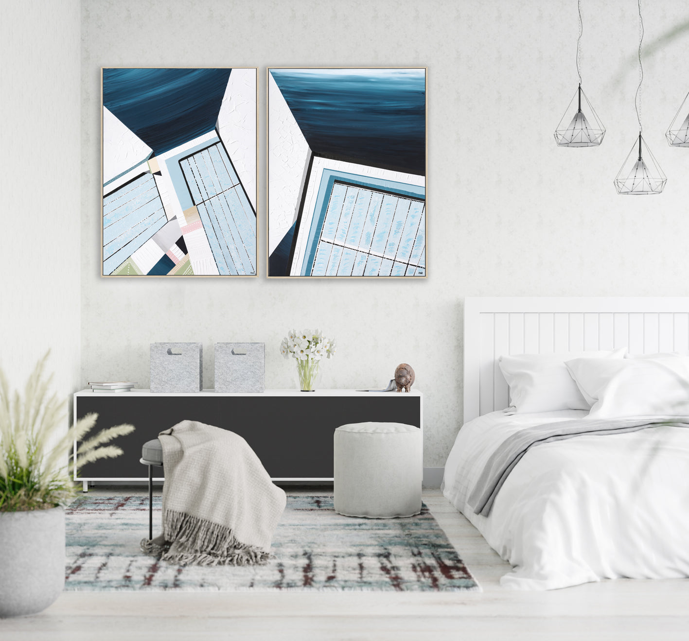 Original abstract painting titled "Bondi Icebergs" by Australian artist Ani Ipradjian, depicting the iconic Bondi Icebergs pool with vibrant Mediterranean hues and dynamic coastal elements.