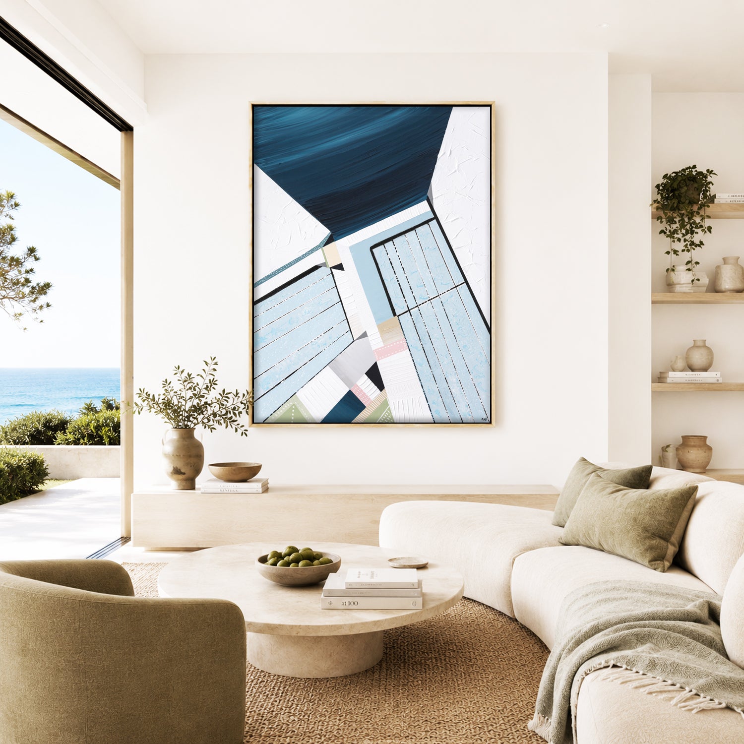 Original abstract painting titled "Bondi Icebergs" by Australian artist Ani Ipradjian, depicting the iconic Bondi Icebergs pool with vibrant Mediterranean hues and dynamic coastal elements.