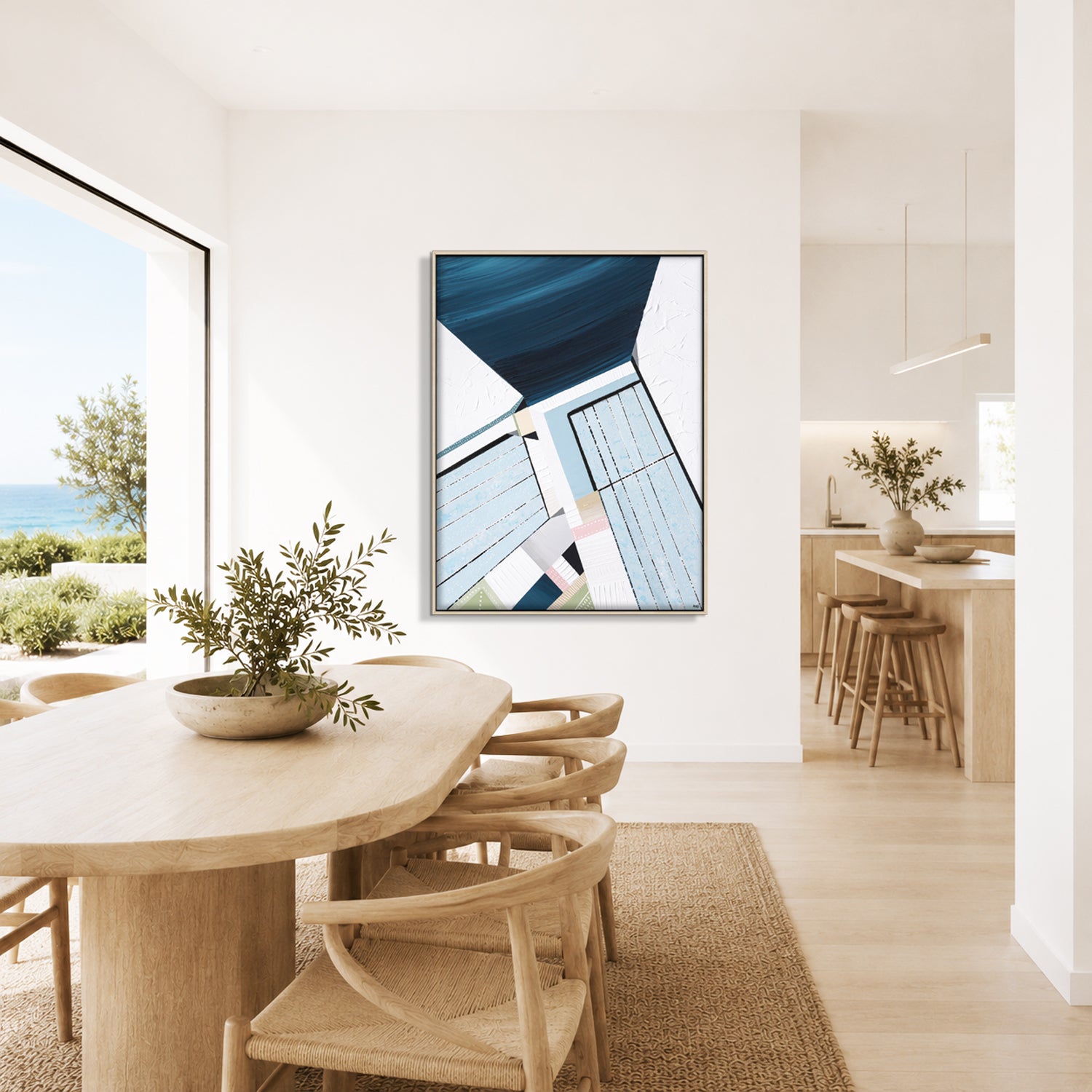 Original abstract painting titled "Bondi Icebergs" by Australian artist Ani Ipradjian, depicting the iconic Bondi Icebergs pool with vibrant Mediterranean hues and dynamic coastal elements.