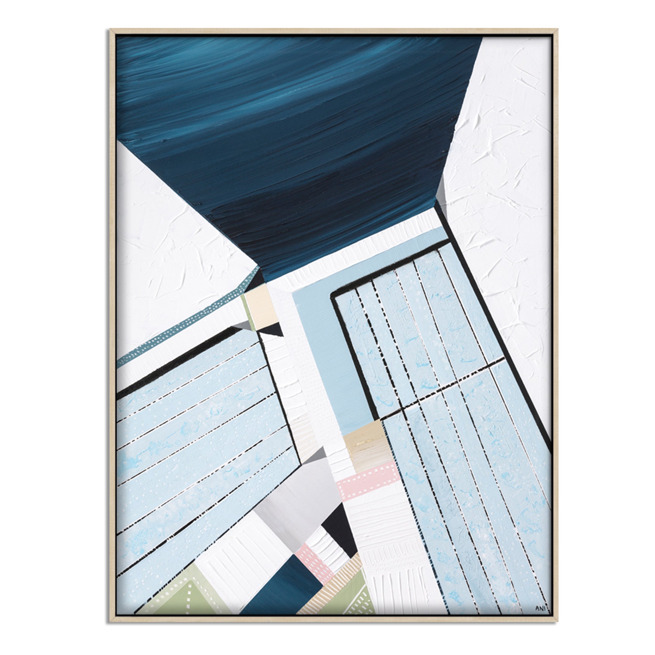 Original abstract painting titled "Bondi Icebergs" by Australian artist Ani Ipradjian, depicting the iconic Bondi Icebergs pool with vibrant Mediterranean hues and dynamic coastal elements.