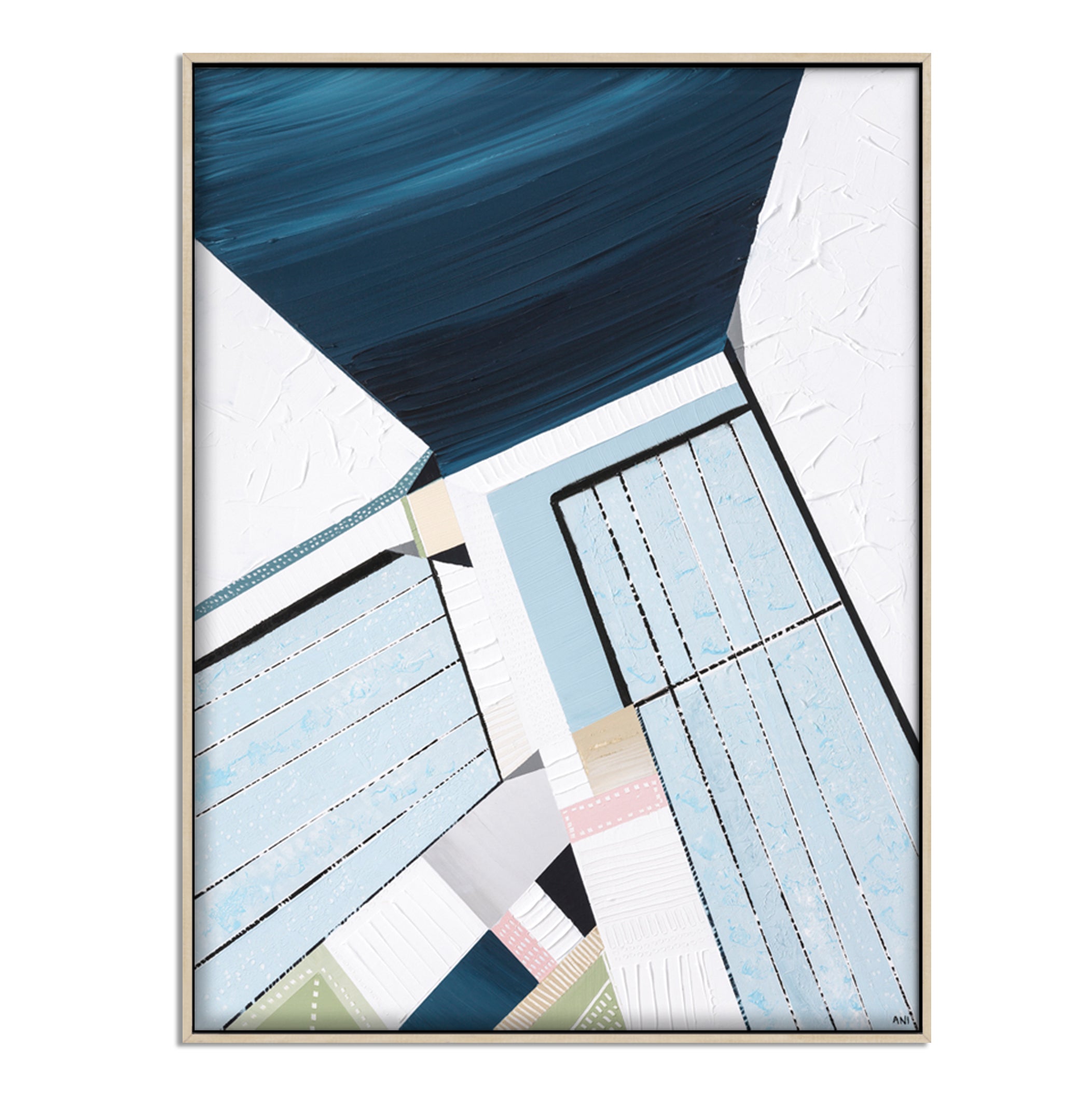 “Bondi Icebergs” print by Australian artist Ani Ipradjian – abstract coastal artwork inspired by Bondi Beach and its iconic ocean pool, featuring Mediterranean colours and dynamic textures.