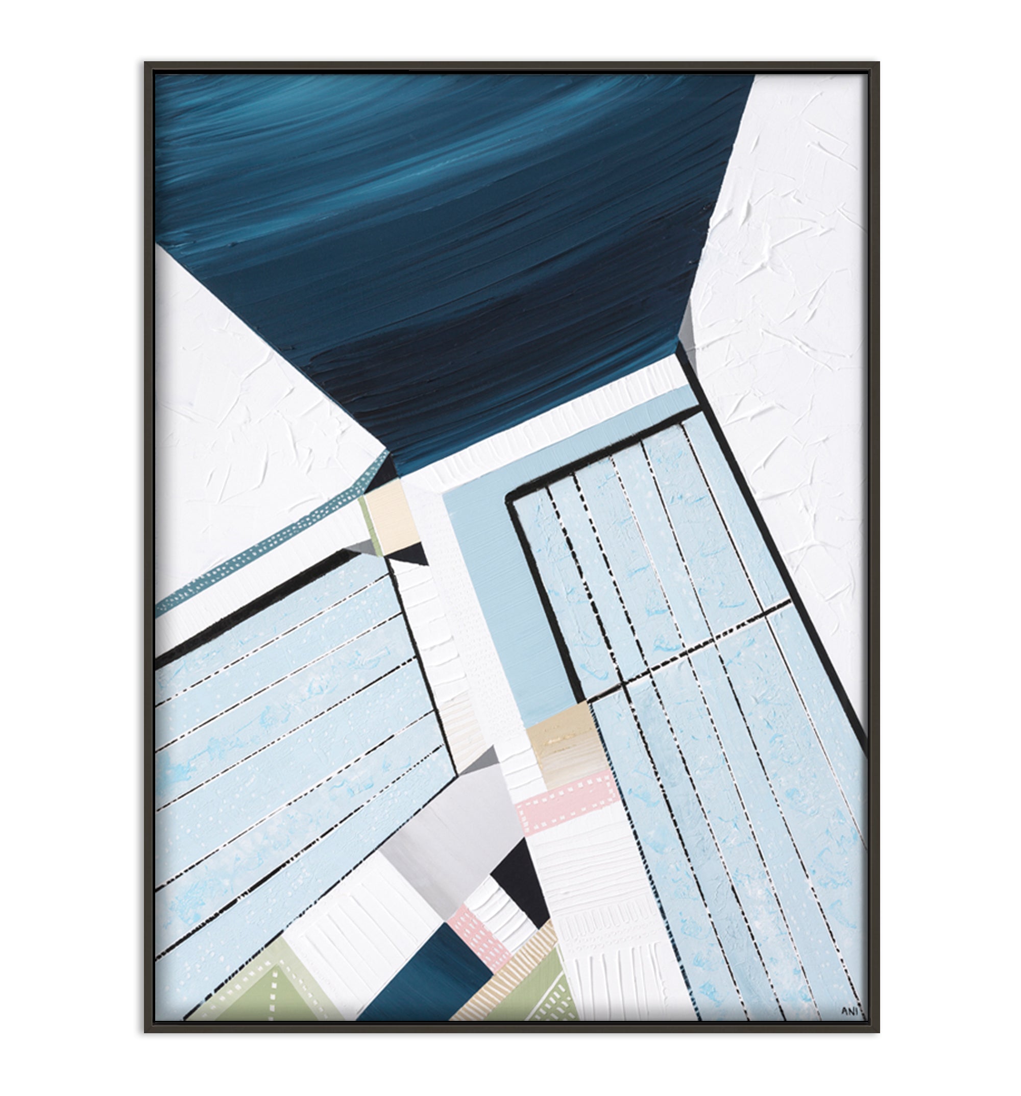 “Bondi Icebergs” print by Australian artist Ani Ipradjian – abstract coastal artwork inspired by Bondi Beach and its iconic ocean pool, featuring Mediterranean colours and dynamic textures.