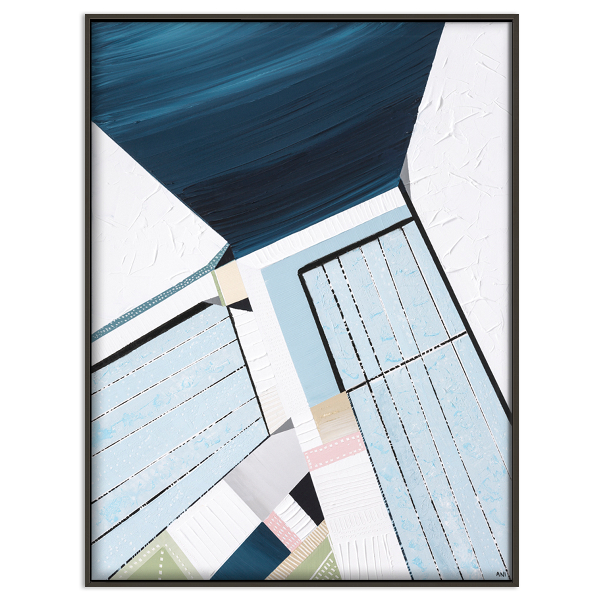 Original abstract painting titled "Bondi Icebergs" by Australian artist Ani Ipradjian, depicting the iconic Bondi Icebergs pool with vibrant Mediterranean hues and dynamic coastal elements.