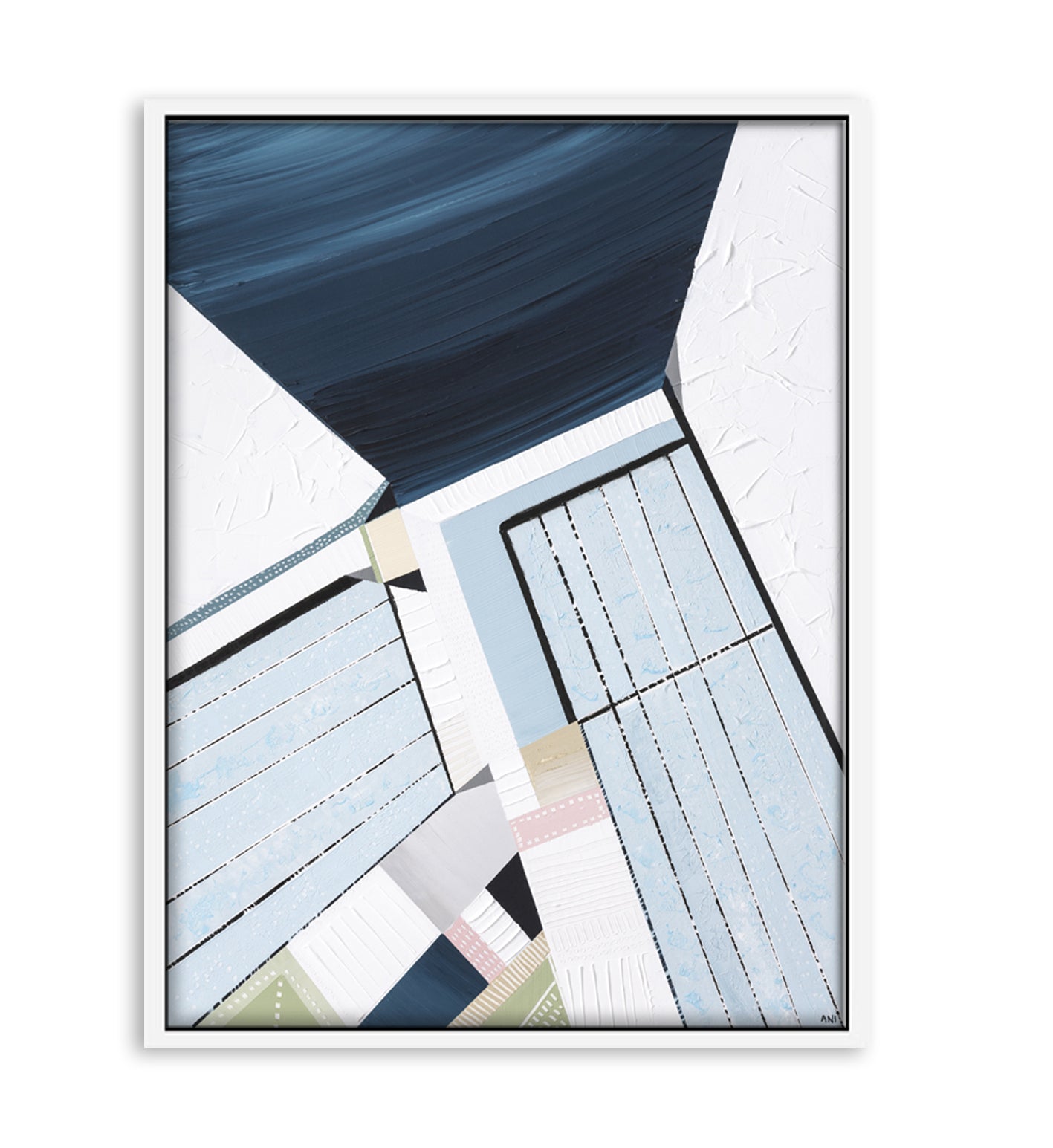 “Bondi Icebergs” print by Australian artist Ani Ipradjian – abstract coastal artwork inspired by Bondi Beach and its iconic ocean pool, featuring Mediterranean colours and dynamic textures.