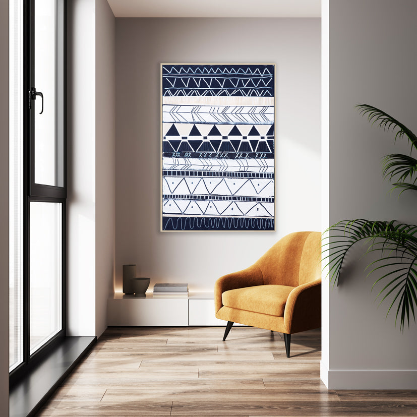 Bondi Waves 1 by Australian artist Ani Ipradjian – abstract coastal painting inspired by Bondi Beach, featuring flowing ocean waves and tribal motifs from Armenian heritage. Contemporary art print, 65cm x 100cm, framed in Tasmanian Oak, black, or white. Ideal for collectors of modern Australian art worldwide.