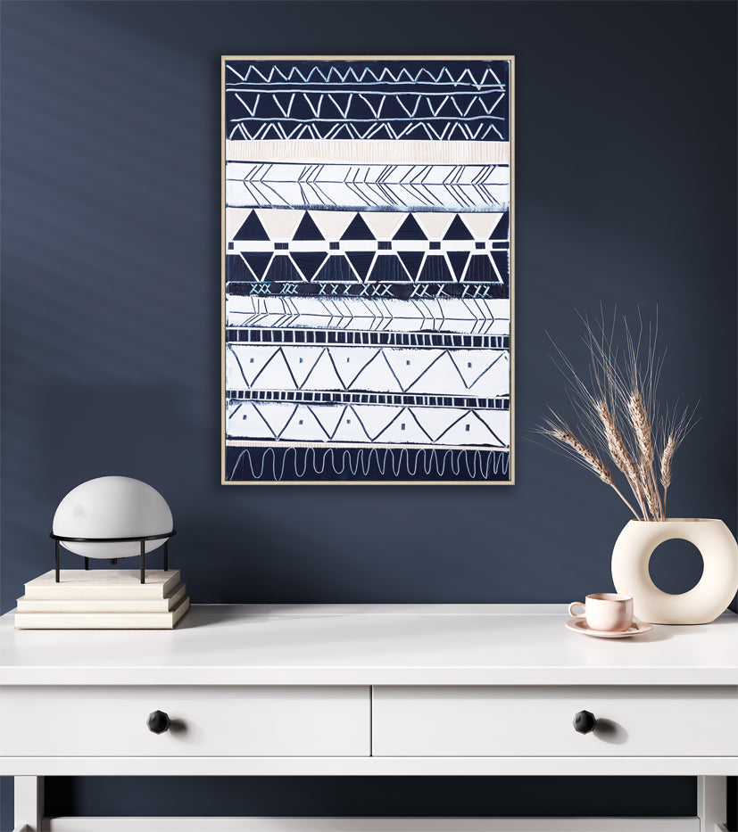 Bondi Waves 1 by Australian artist Ani Ipradjian – abstract coastal painting inspired by Bondi Beach, featuring flowing ocean waves and tribal motifs from Armenian heritage. Contemporary art print, 65cm x 100cm, framed in Tasmanian Oak, black, or white. Ideal for collectors of modern Australian art worldwide.