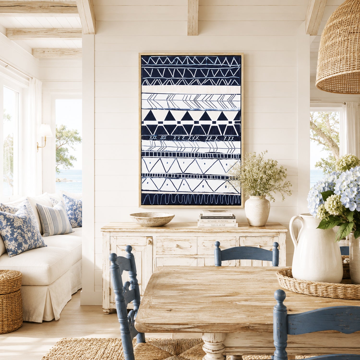 Bondi Waves 1 by Australian artist Ani Ipradjian – abstract coastal painting inspired by Bondi Beach, featuring flowing ocean waves and tribal motifs from Armenian heritage. Contemporary art print, 65cm x 100cm, framed in Tasmanian Oak, black, or white. Ideal for collectors of modern Australian art worldwide.