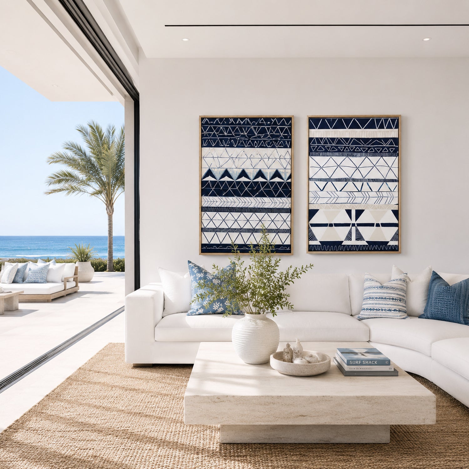 Bondi Waves 1 by Australian artist Ani Ipradjian – abstract coastal painting inspired by Bondi Beach, featuring flowing ocean waves and tribal motifs from Armenian heritage. Contemporary art print, 65cm x 100cm, framed in Tasmanian Oak, black, or white. Ideal for collectors of modern Australian art worldwide.