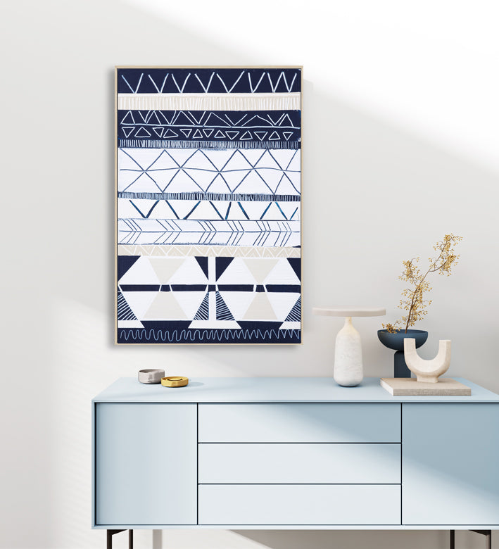 Bondi Waves 2 by Australian artist Ani Ipradjian – abstract coastal painting inspired by Bondi Beach, featuring flowing ocean waves and tribal motifs from Armenian heritage. Contemporary art print, 65cm x 100cm, framed in Tasmanian Oak, black, or white. Ideal for collectors of modern Australian art worldwide.