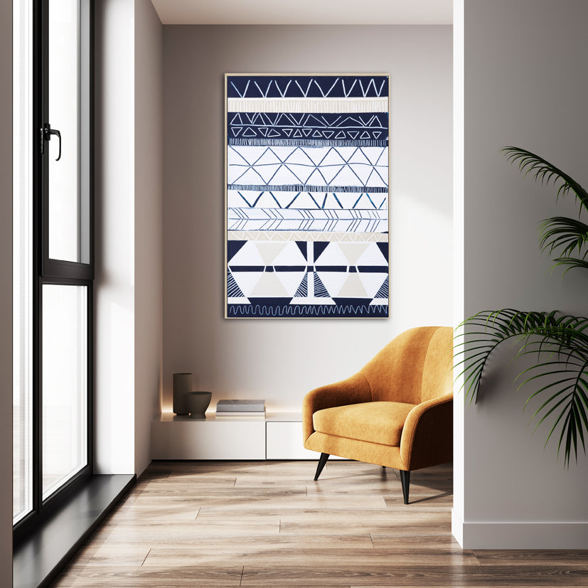 Bondi Waves 2 by Australian artist Ani Ipradjian – abstract coastal painting inspired by Bondi Beach, featuring flowing ocean waves and tribal motifs from Armenian heritage. Contemporary art print, 65cm x 100cm, framed in Tasmanian Oak, black, or white. Ideal for collectors of modern Australian art worldwide.