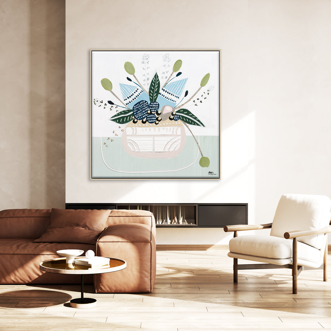 Banksia Botanicals abstract Australian botanical artwork featuring the iconic Banksia flower, textured contemporary wall art with soft blues, earthy greens, and pink tones inspired by native Australian flora. Perfect for art collectors, interior designers, and lovers of Australian botanical paintings and prints seeking modern nature-inspired décor.