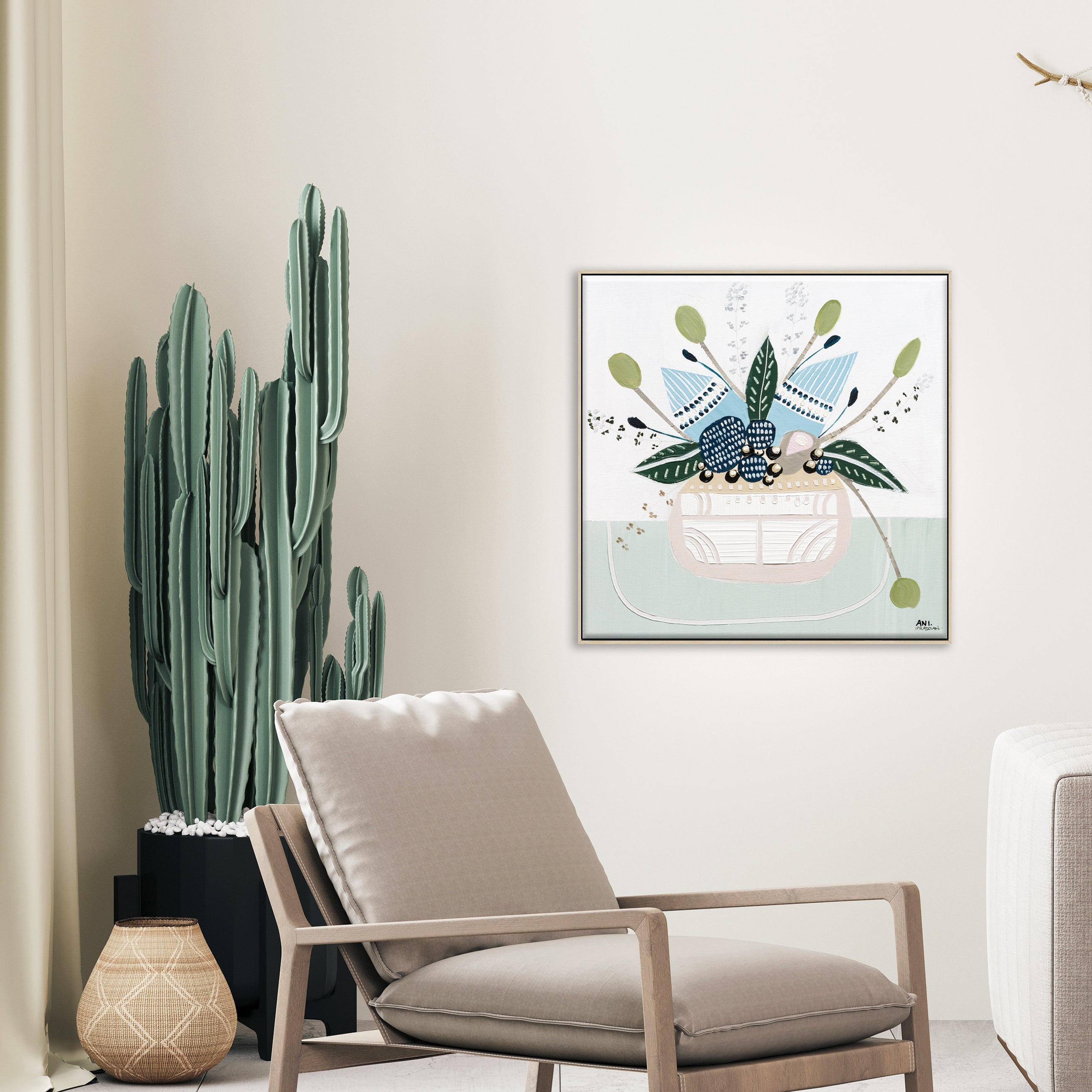 Banksia Botanicals abstract Australian botanical artwork featuring the iconic Banksia flower, textured contemporary wall art with soft blues, earthy greens, and pink tones inspired by native Australian flora. Perfect for art collectors, interior designers, and lovers of Australian botanical paintings and prints seeking modern nature-inspired décor.