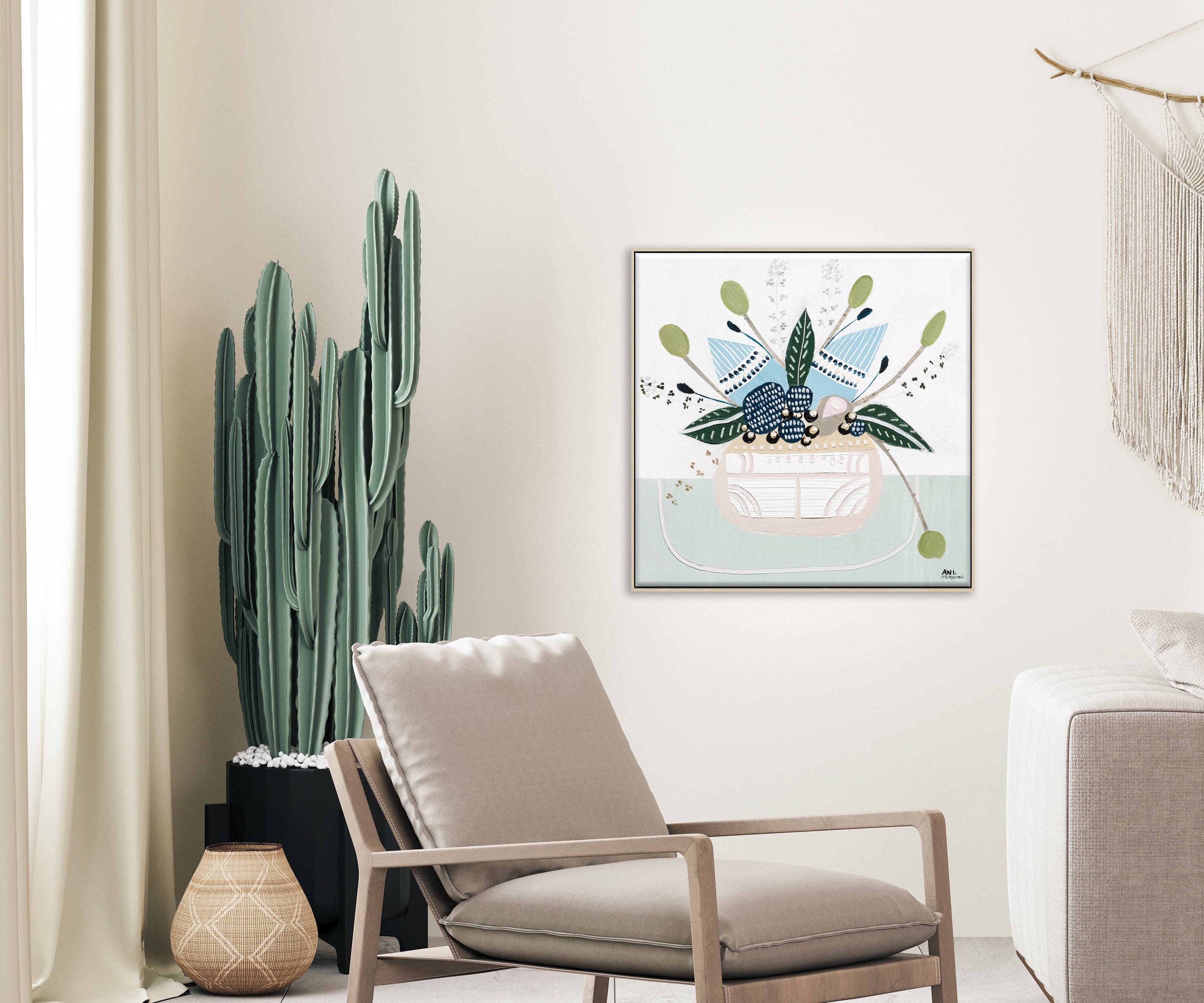 Banksia Botanicals abstract Australian botanical artwork featuring the iconic Banksia flower, textured contemporary wall art with soft blues, earthy greens, and pink tones inspired by native Australian flora. Perfect for art collectors, interior designers, and lovers of Australian botanical paintings and prints seeking modern nature-inspired décor.