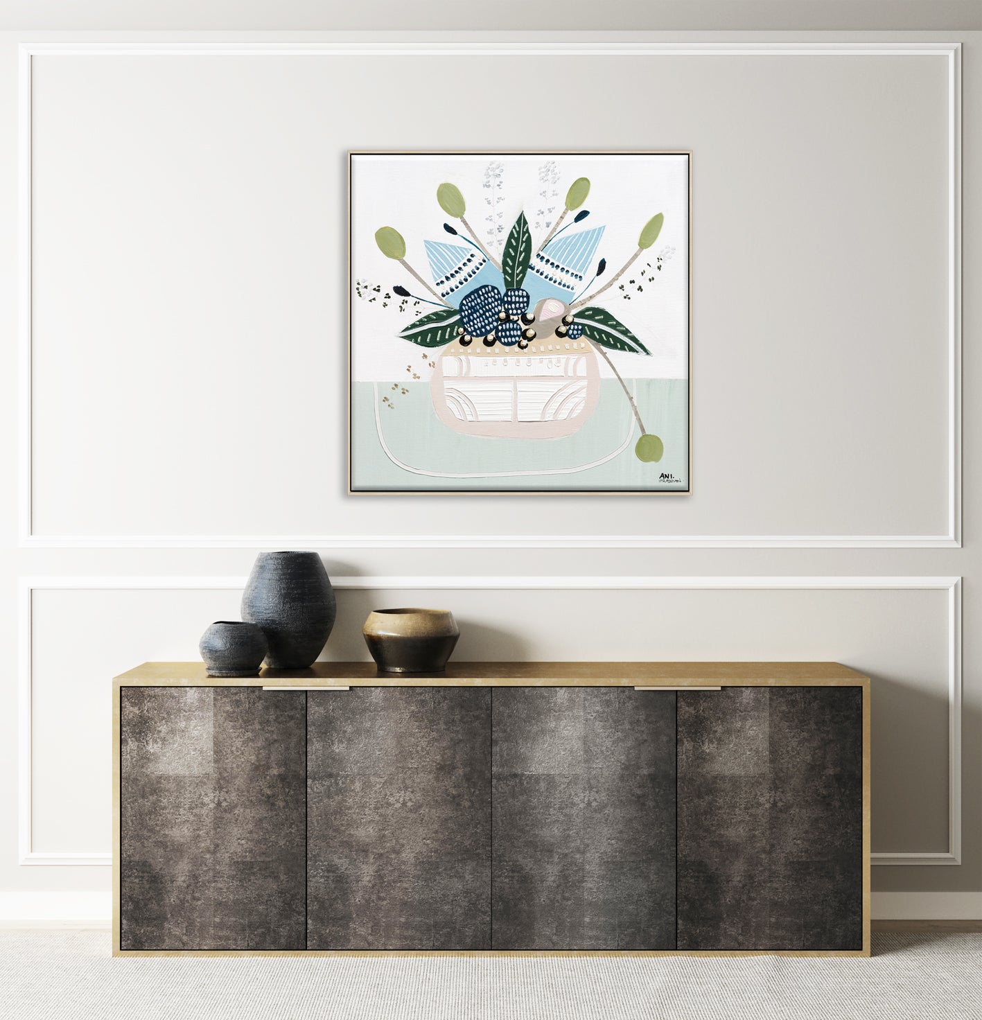 Banksia Botanicals abstract Australian botanical artwork featuring the iconic Banksia flower, textured contemporary wall art with soft blues, earthy greens, and pink tones inspired by native Australian flora. Perfect for art collectors, interior designers, and lovers of Australian botanical paintings and prints seeking modern nature-inspired décor.
