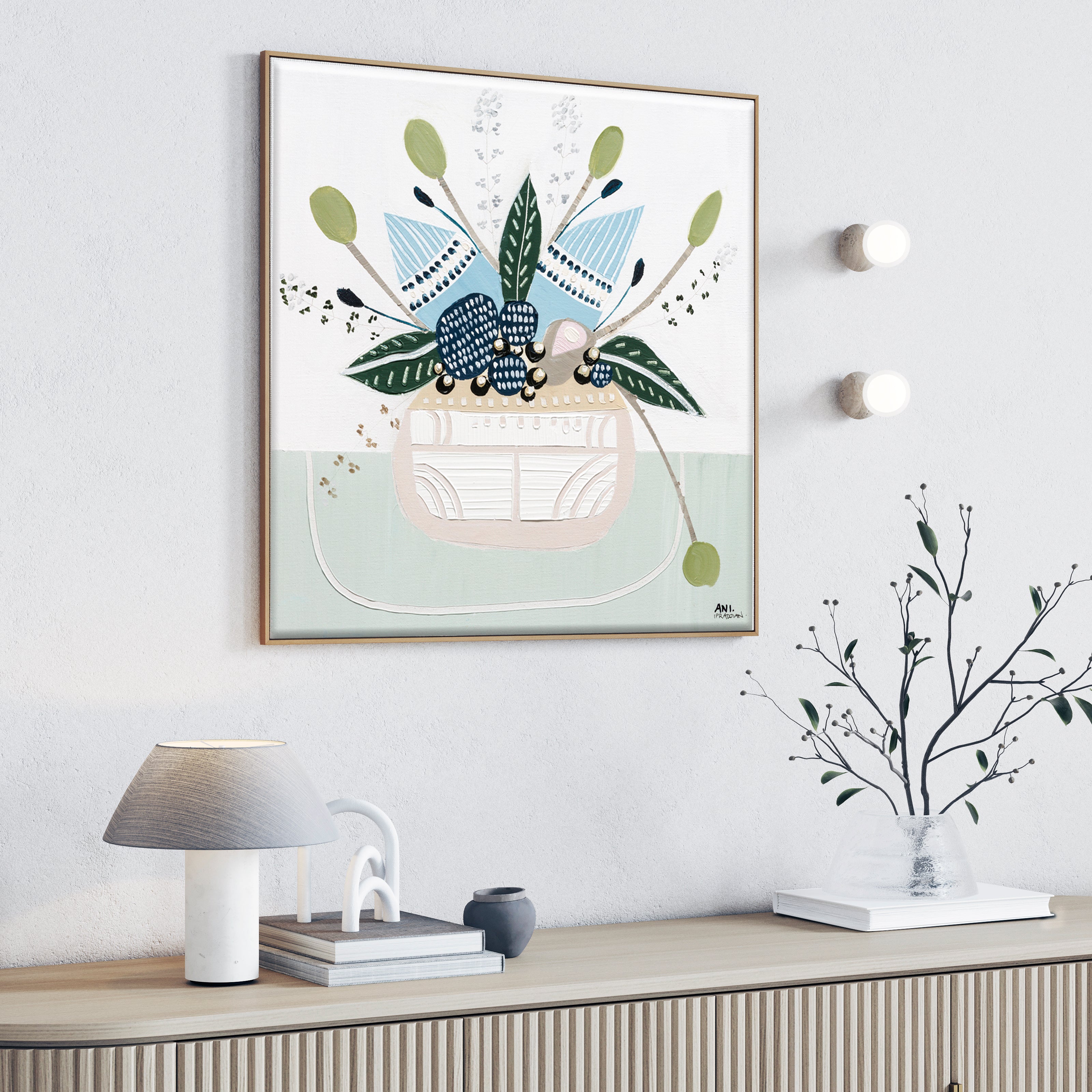 Banksia Botanicals abstract Australian botanical artwork featuring the iconic Banksia flower, textured contemporary wall art with soft blues, earthy greens, and pink tones inspired by native Australian flora. Perfect for art collectors, interior designers, and lovers of Australian botanical paintings and prints seeking modern nature-inspired décor.