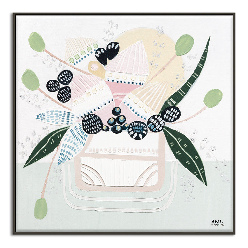 Banksia Botanicals abstract Australian botanical artwork featuring the iconic Banksia flower, textured contemporary wall art with soft blues, earthy greens, and pink tones inspired by native Australian flora. Perfect for art collectors, interior designers, and lovers of Australian botanical paintings and prints seeking modern nature-inspired décor.