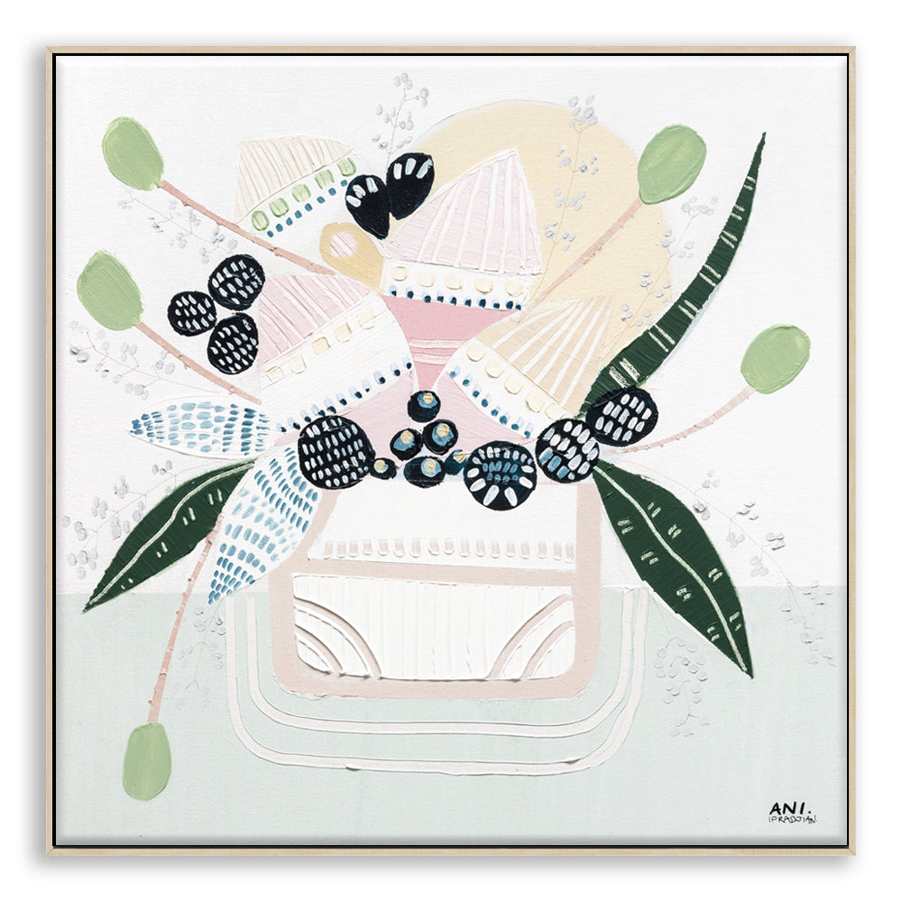 Banksia Botanicals abstract Australian botanical artwork featuring the iconic Banksia flower, textured contemporary wall art with soft blues, earthy greens, and pink tones inspired by native Australian flora. Perfect for art collectors, interior designers, and lovers of Australian botanical paintings and prints seeking modern nature-inspired décor.
