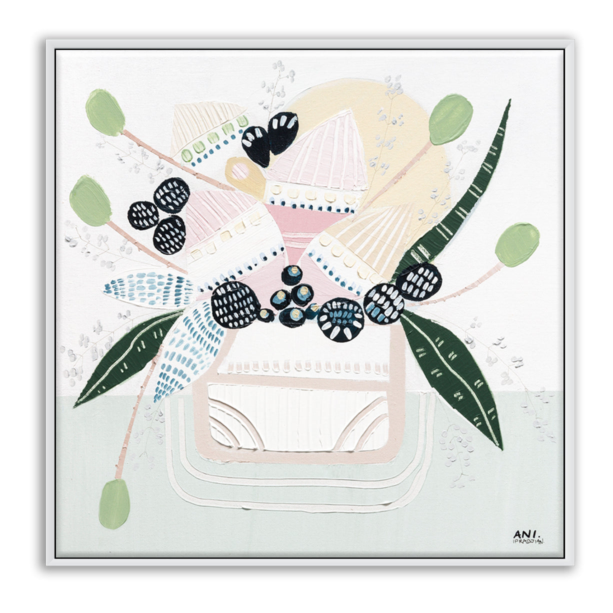 Banksia Botanicals abstract Australian botanical artwork featuring the iconic Banksia flower, textured contemporary wall art with soft blues, earthy greens, and pink tones inspired by native Australian flora. Perfect for art collectors, interior designers, and lovers of Australian botanical paintings and prints seeking modern nature-inspired décor.