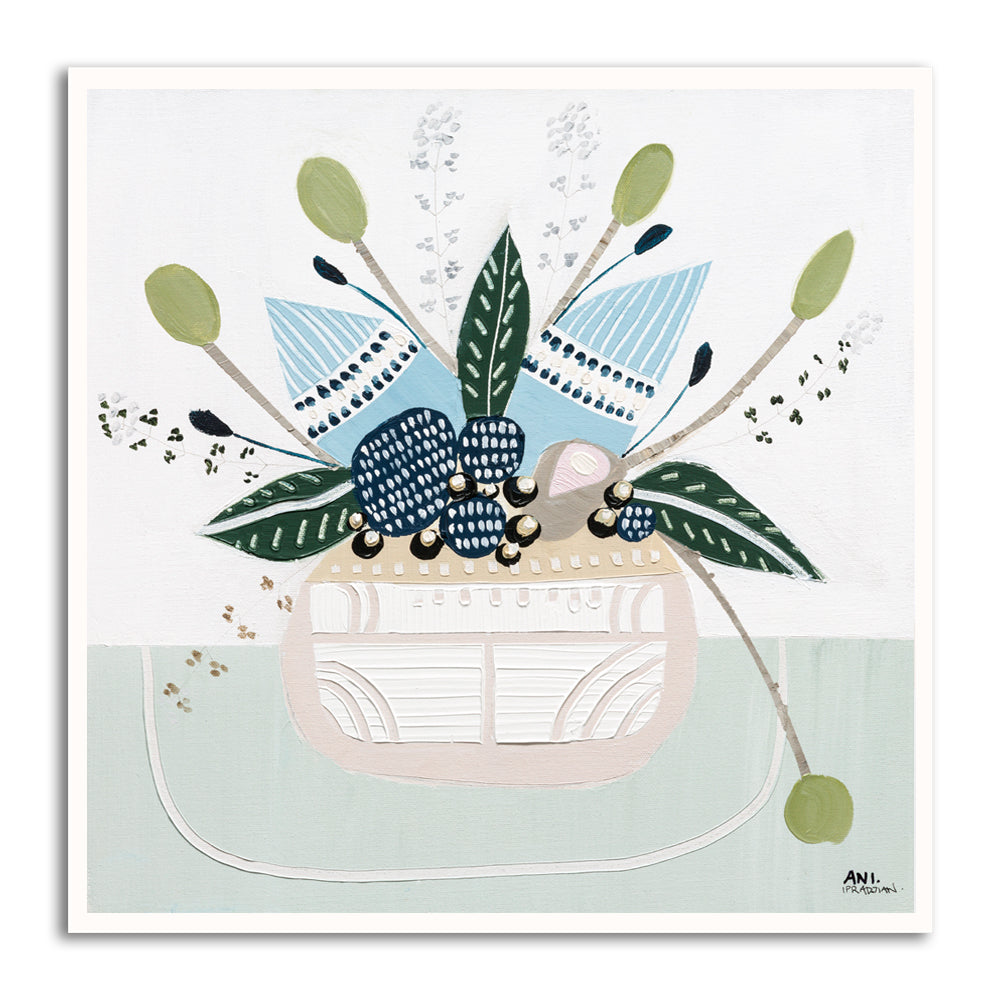 Banksia Botanicals abstract Australian botanical artwork featuring the iconic Banksia flower, textured contemporary wall art with soft blues, earthy greens, and pink tones inspired by native Australian flora. Perfect for art collectors, interior designers, and lovers of Australian botanical paintings and prints seeking modern nature-inspired décor.