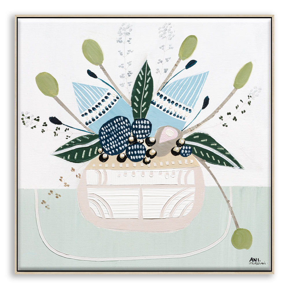 Banksia Botanicals abstract Australian botanical artwork featuring the iconic Banksia flower, textured contemporary wall art with soft blues, earthy greens, and pink tones inspired by native Australian flora. Perfect for art collectors, interior designers, and lovers of Australian botanical paintings and prints seeking modern nature-inspired décor.