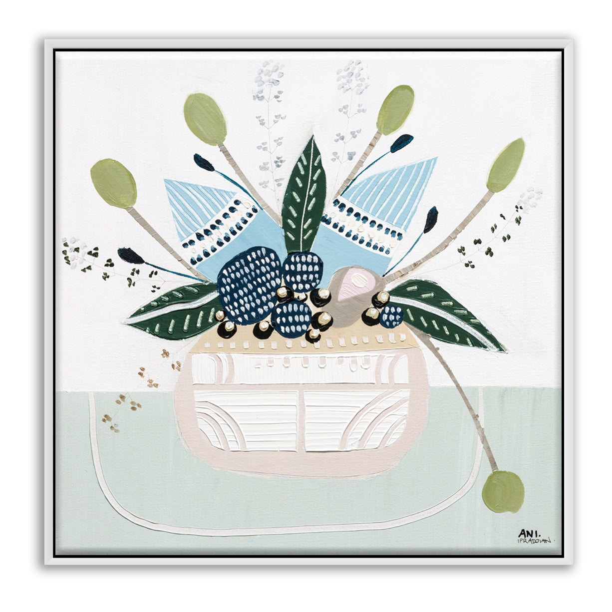 Banksia Botanicals abstract Australian botanical artwork featuring the iconic Banksia flower, textured contemporary wall art with soft blues, earthy greens, and pink tones inspired by native Australian flora. Perfect for art collectors, interior designers, and lovers of Australian botanical paintings and prints seeking modern nature-inspired décor.