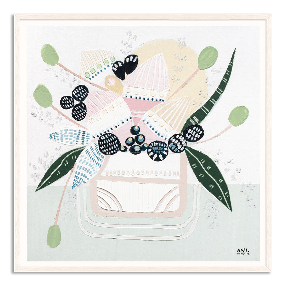 Banksia Botanicals abstract Australian botanical artwork featuring the iconic Banksia flower, textured contemporary wall art with soft blues, earthy greens, and pink tones inspired by native Australian flora. Perfect for art collectors, interior designers, and lovers of Australian botanical paintings and prints seeking modern nature-inspired décor.