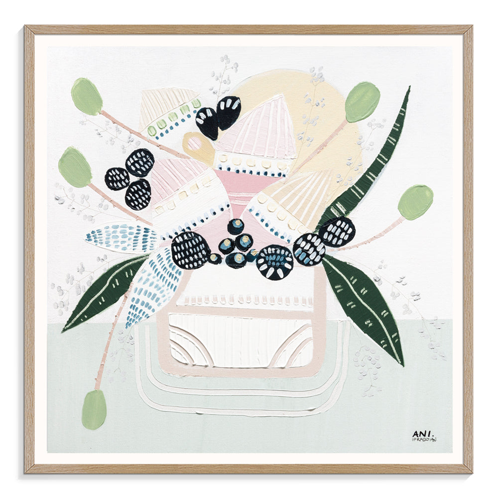 Banksia Botanicals abstract Australian botanical artwork featuring the iconic Banksia flower, textured contemporary wall art with soft blues, earthy greens, and pink tones inspired by native Australian flora. Perfect for art collectors, interior designers, and lovers of Australian botanical paintings and prints seeking modern nature-inspired décor.