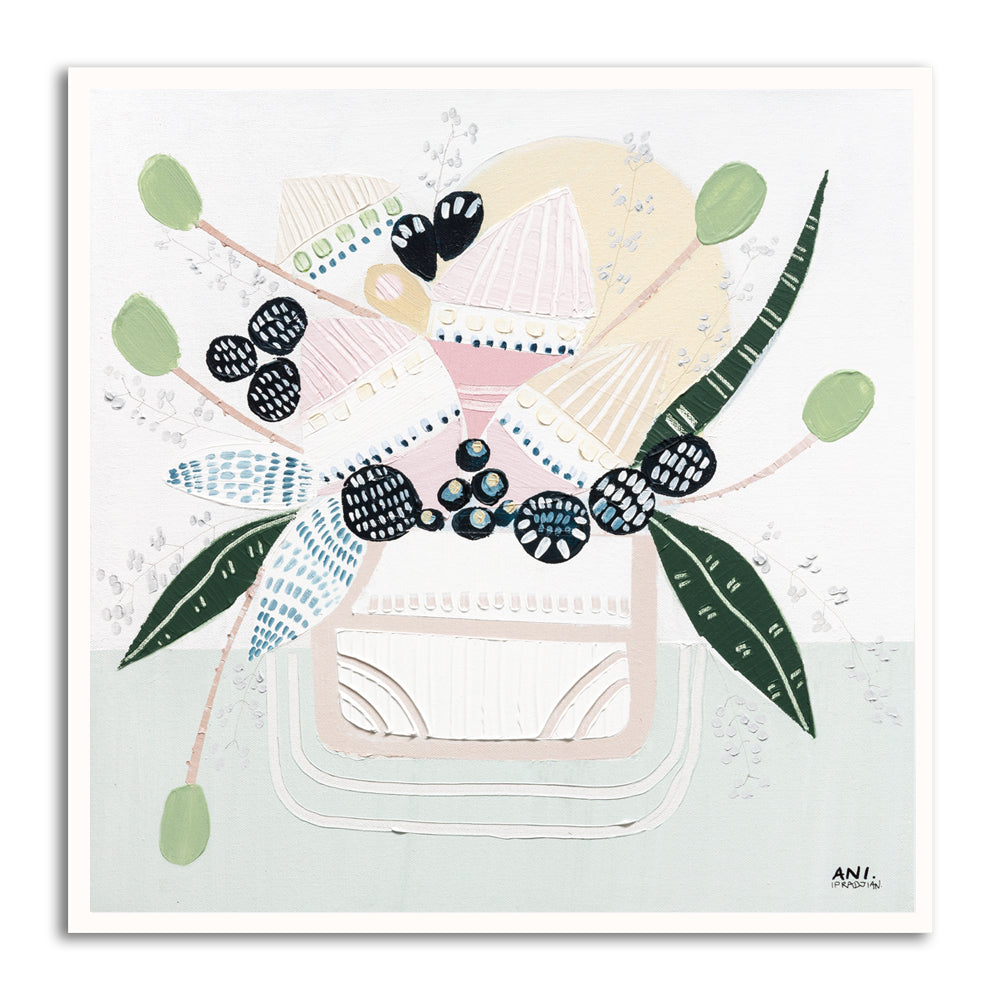 Banksia Botanicals abstract Australian botanical artwork featuring the iconic Banksia flower, textured contemporary wall art with soft blues, earthy greens, and pink tones inspired by native Australian flora. Perfect for art collectors, interior designers, and lovers of Australian botanical paintings and prints seeking modern nature-inspired décor.