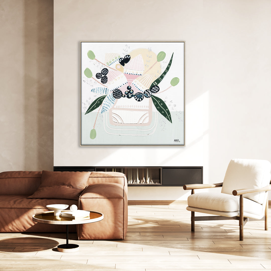 Banksia Botanicals abstract Australian botanical artwork featuring the iconic Banksia flower, textured contemporary wall art with soft blues, earthy greens, and pink tones inspired by native Australian flora. Perfect for art collectors, interior designers, and lovers of Australian botanical paintings and prints seeking modern nature-inspired décor.