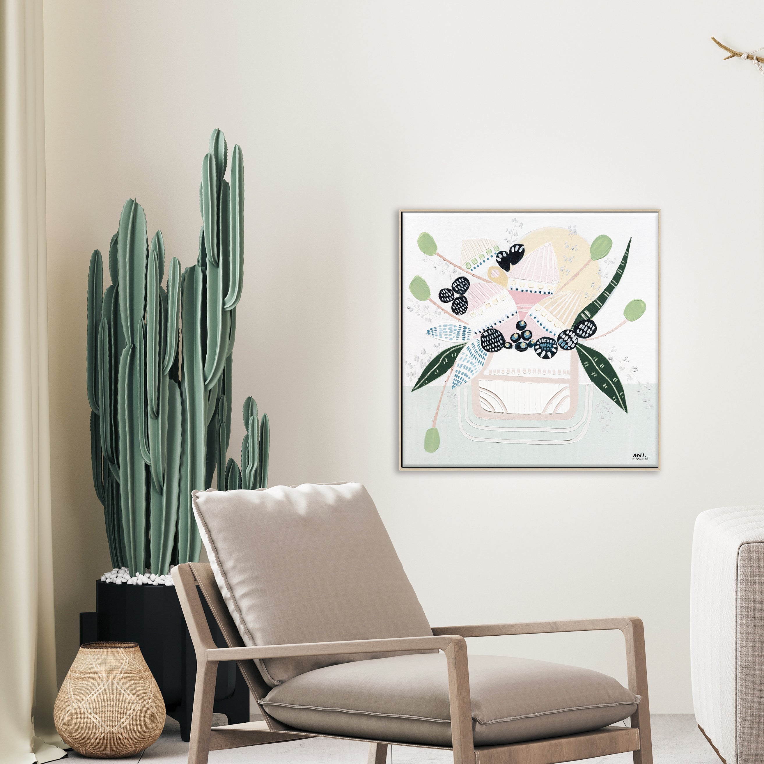 Banksia Botanicals abstract Australian botanical artwork featuring the iconic Banksia flower, textured contemporary wall art with soft blues, earthy greens, and pink tones inspired by native Australian flora. Perfect for art collectors, interior designers, and lovers of Australian botanical paintings and prints seeking modern nature-inspired décor.