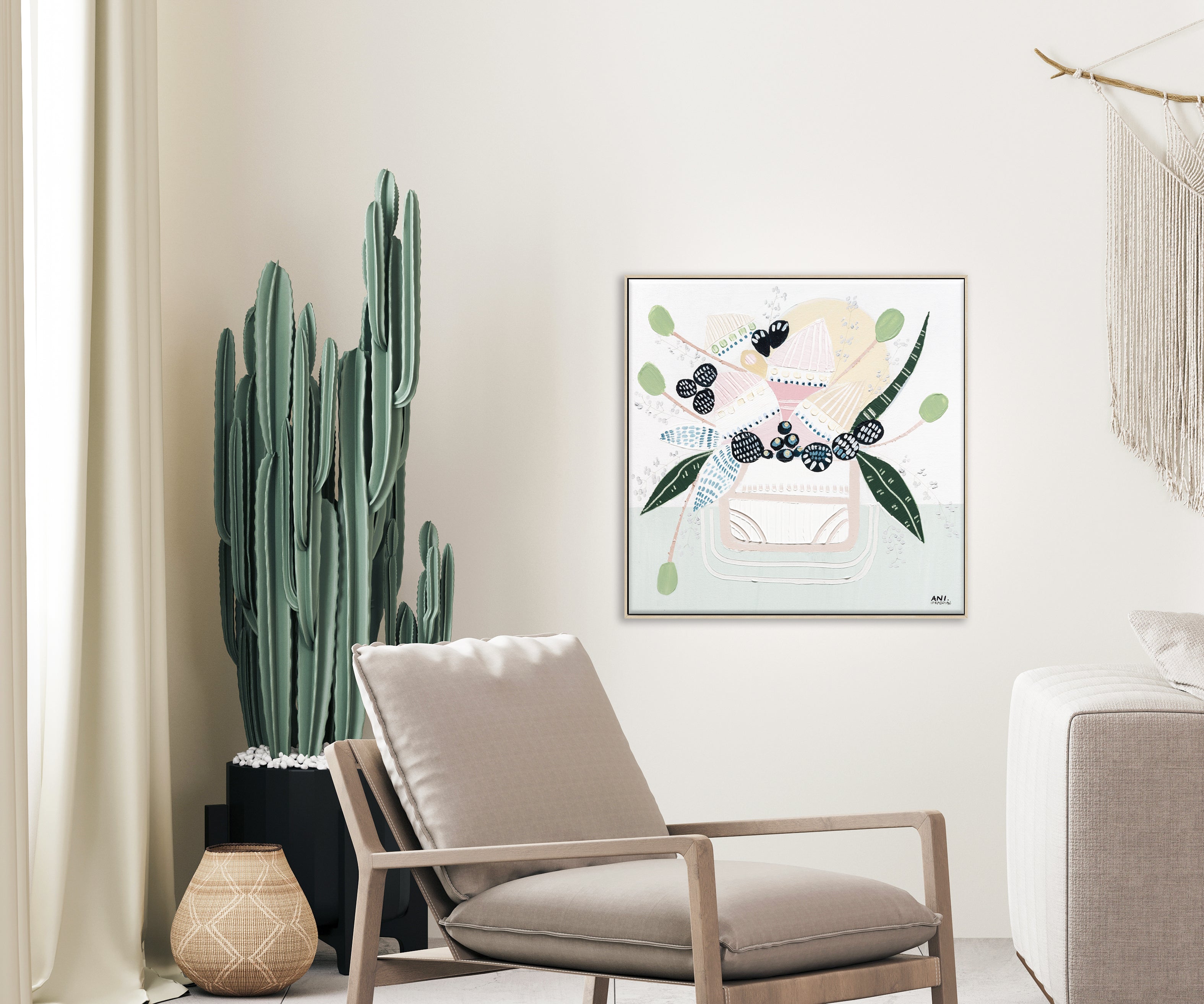 Banksia Botanicals abstract Australian botanical artwork featuring the iconic Banksia flower, textured contemporary wall art with soft blues, earthy greens, and pink tones inspired by native Australian flora. Perfect for art collectors, interior designers, and lovers of Australian botanical paintings and prints seeking modern nature-inspired décor.