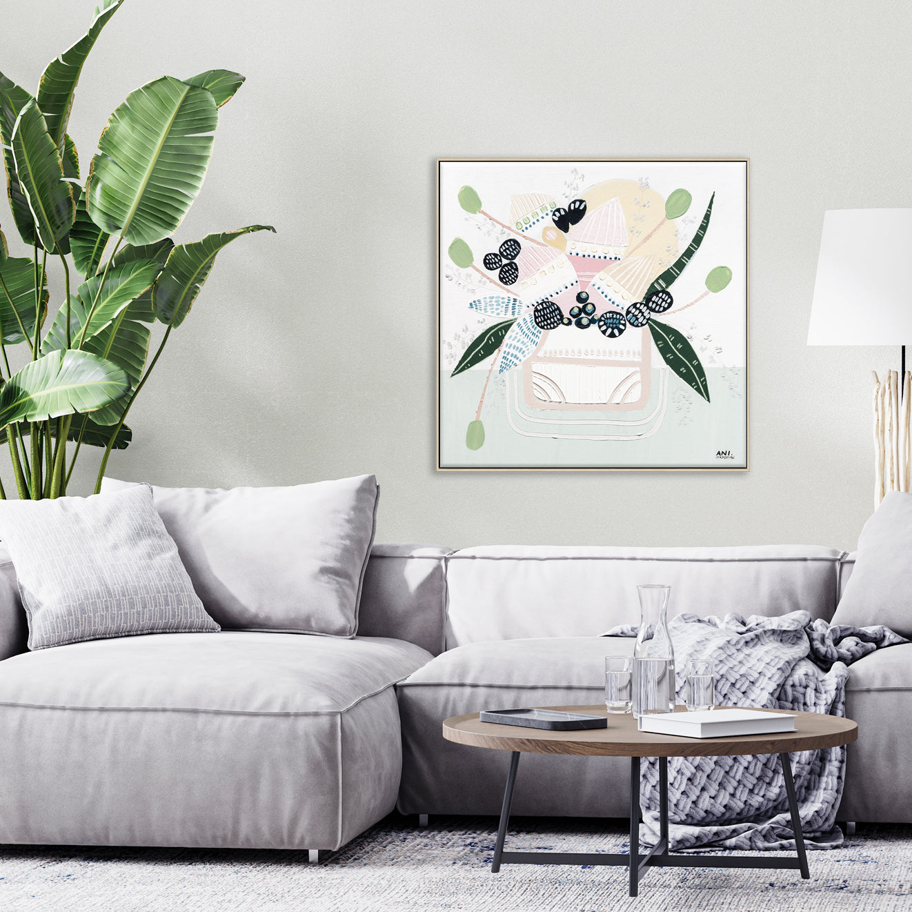 Banksia Botanicals abstract Australian botanical artwork featuring the iconic Banksia flower, textured contemporary wall art with soft blues, earthy greens, and pink tones inspired by native Australian flora. Perfect for art collectors, interior designers, and lovers of Australian botanical paintings and prints seeking modern nature-inspired décor.