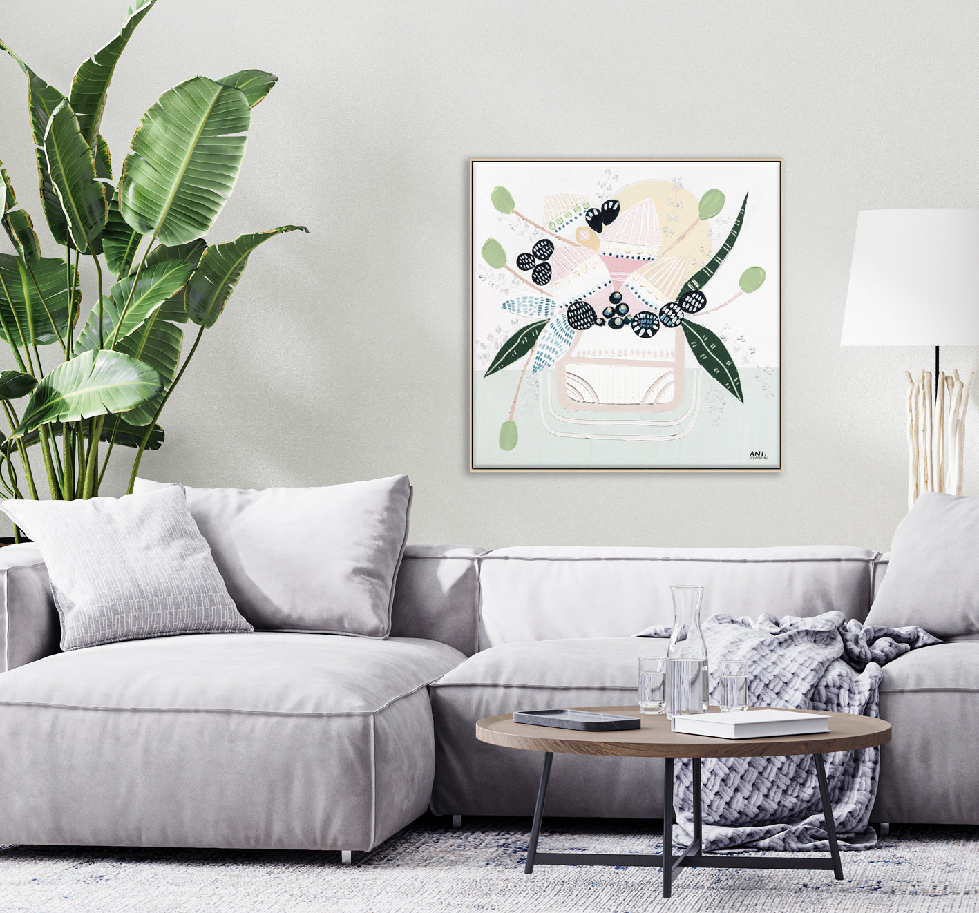 Banksia Botanicals abstract Australian botanical artwork featuring the iconic Banksia flower, textured contemporary wall art with soft blues, earthy greens, and pink tones inspired by native Australian flora. Perfect for art collectors, interior designers, and lovers of Australian botanical paintings and prints seeking modern nature-inspired décor.