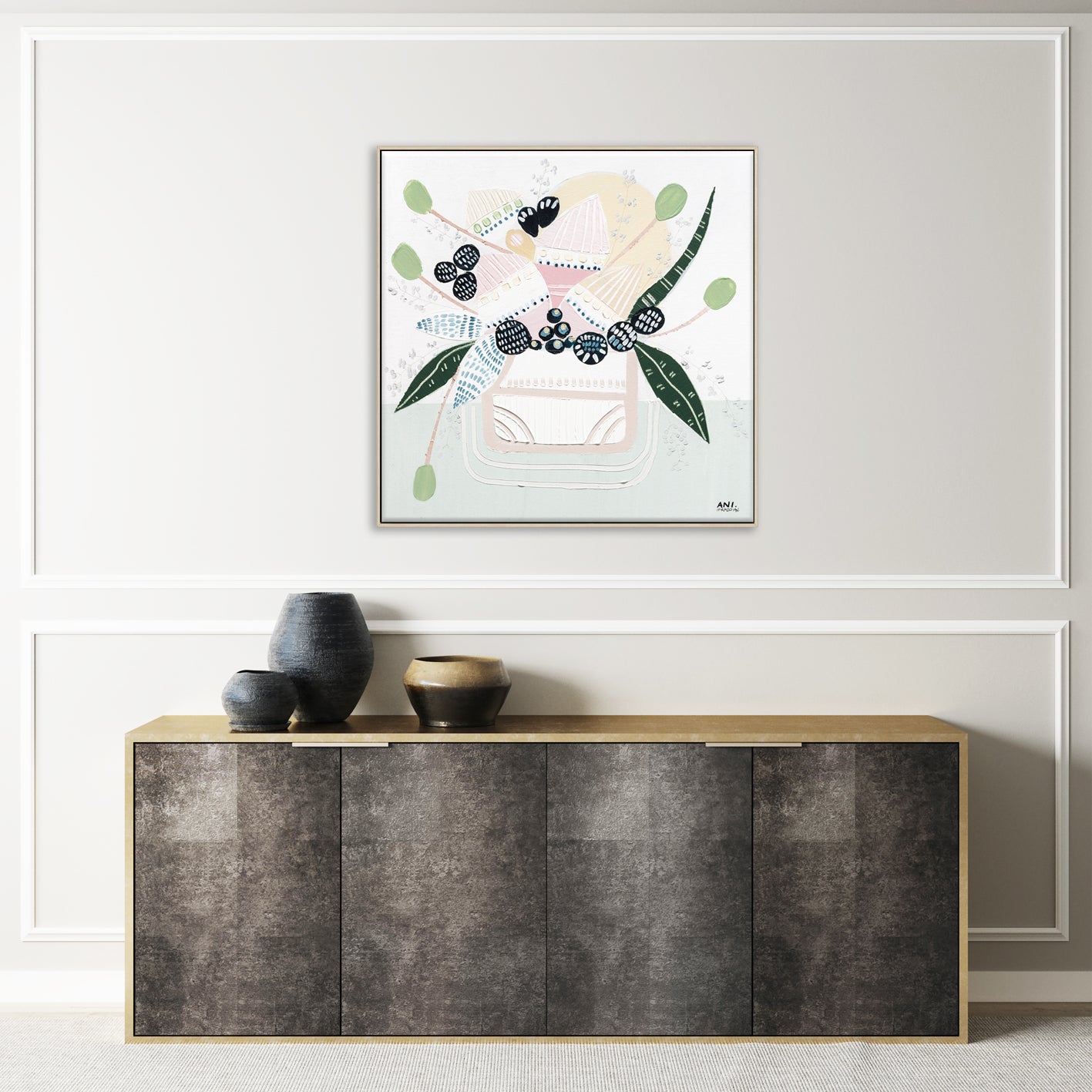 Banksia Botanicals abstract Australian botanical artwork featuring the iconic Banksia flower, textured contemporary wall art with soft blues, earthy greens, and pink tones inspired by native Australian flora. Perfect for art collectors, interior designers, and lovers of Australian botanical paintings and prints seeking modern nature-inspired décor.
