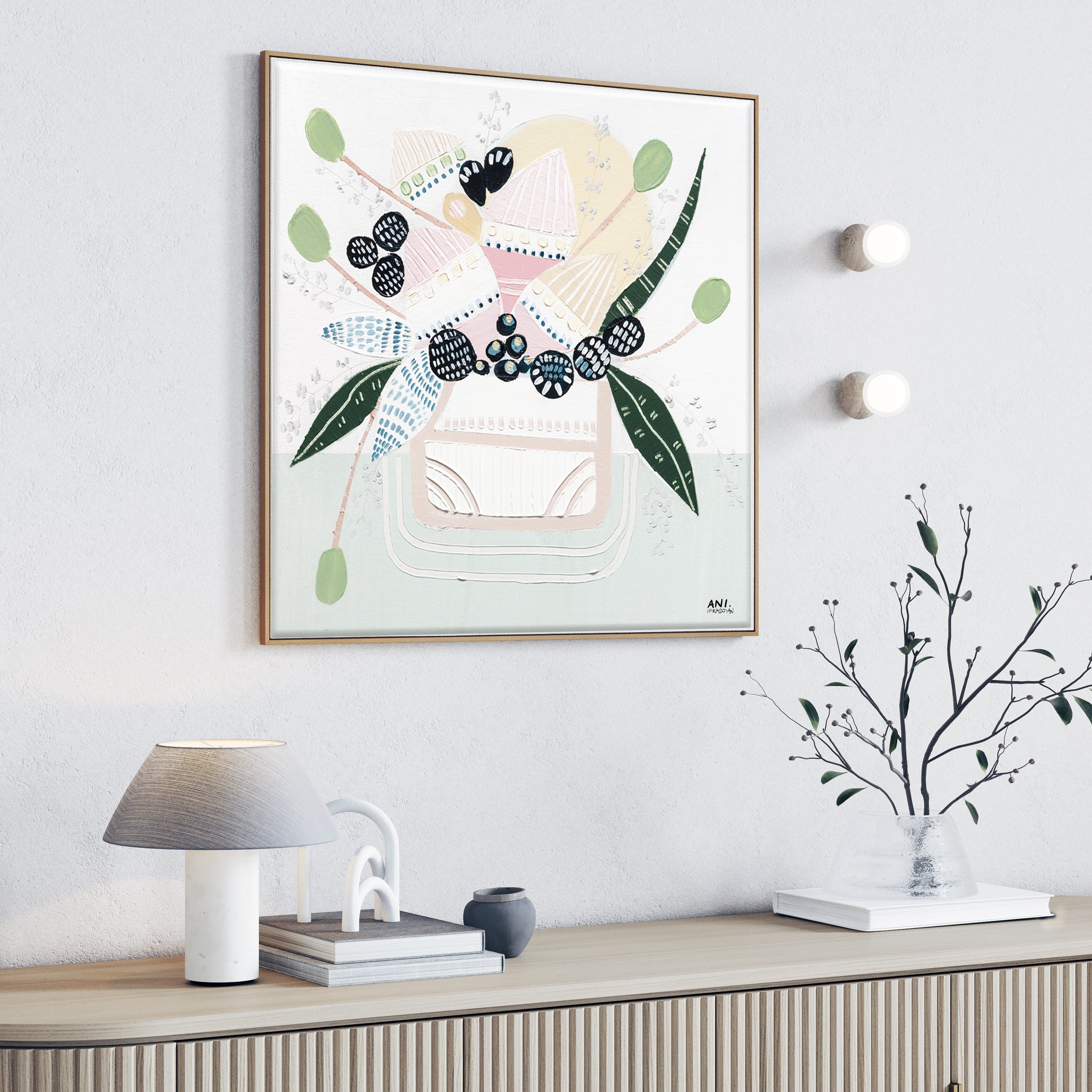 Banksia Botanicals abstract Australian botanical artwork featuring the iconic Banksia flower, textured contemporary wall art with soft blues, earthy greens, and pink tones inspired by native Australian flora. Perfect for art collectors, interior designers, and lovers of Australian botanical paintings and prints seeking modern nature-inspired décor.
