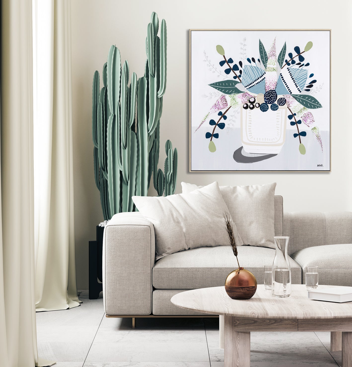 Original floral painting titled "Coastal Banksia" by Melbourne-based artist Ani Ipradjian, showcasing Australia's native Banksia flower in a coastal-inspired palette of blues, neutrals, and greens.
