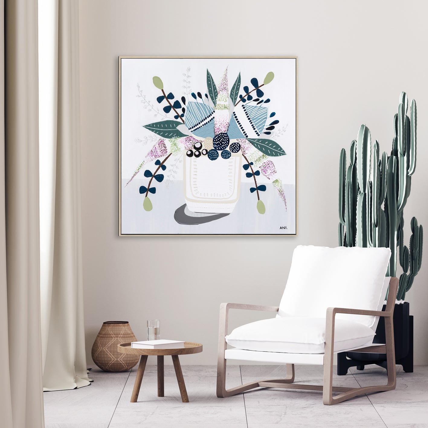 Original floral painting titled "Coastal Banksia" by Melbourne-based artist Ani Ipradjian, showcasing Australia's native Banksia flower in a coastal-inspired palette of blues, neutrals, and greens.