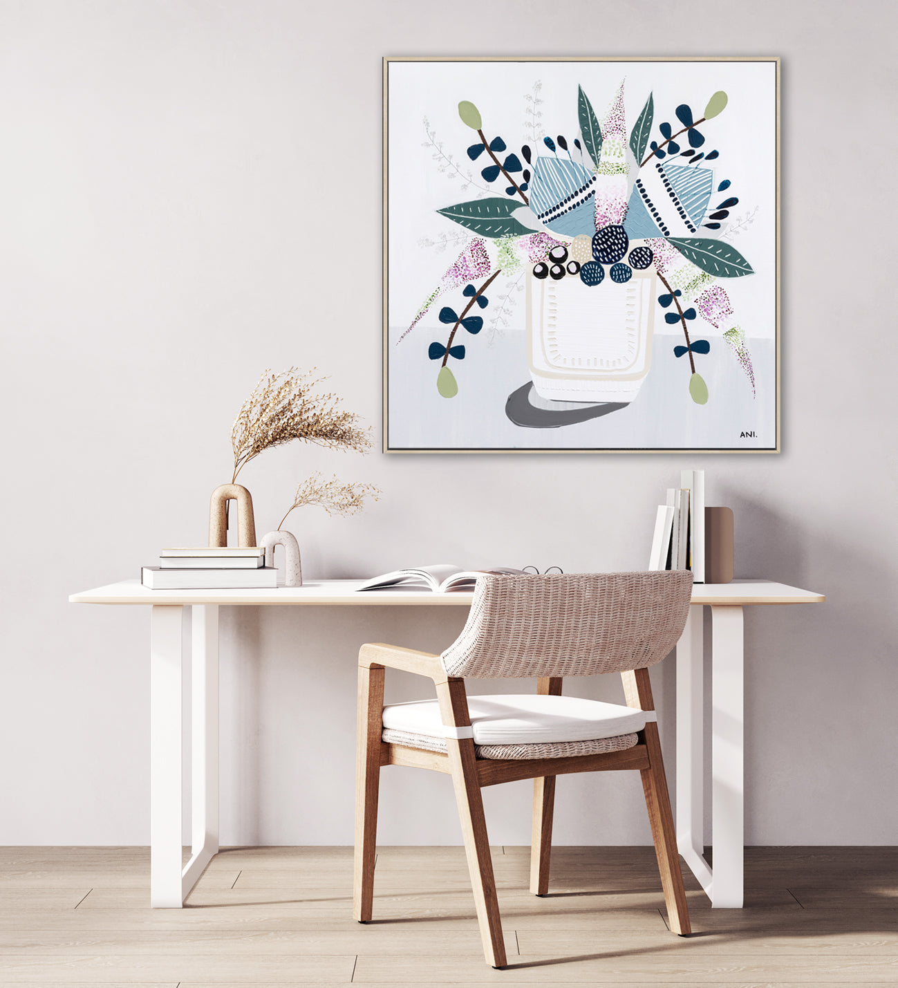 Original floral painting titled "Coastal Banksia" by Melbourne-based artist Ani Ipradjian, showcasing Australia's native Banksia flower in a coastal-inspired palette of blues, neutrals, and greens.