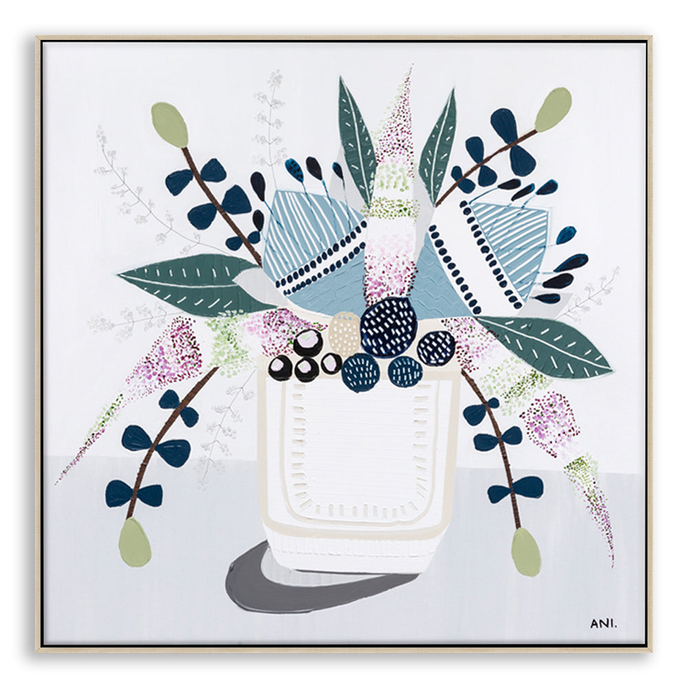Original floral painting titled "Coastal Banksia" by Melbourne-based artist Ani Ipradjian, showcasing Australia's native Banksia flower in a coastal-inspired palette of blues, neutrals, and greens.