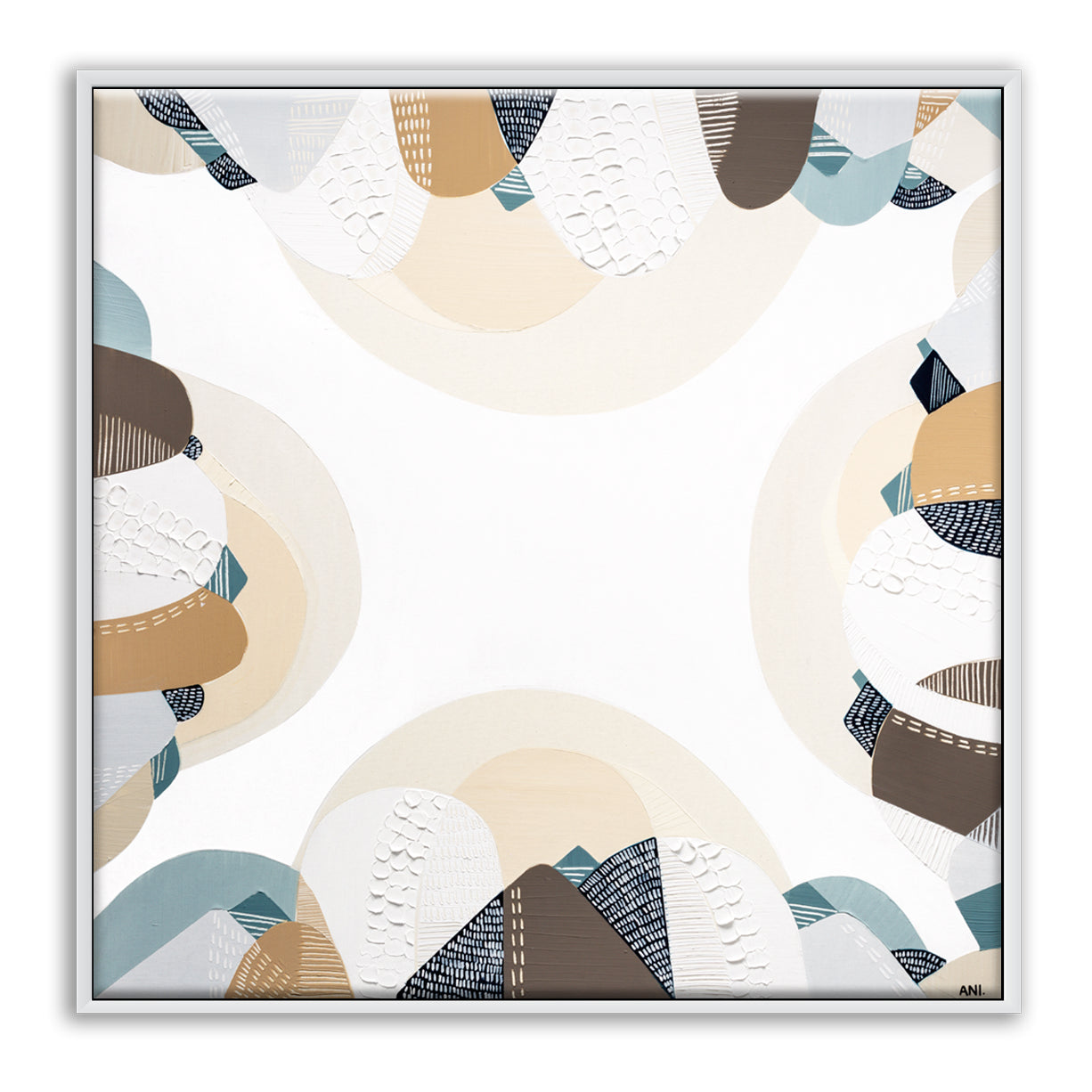 Coastal Bliss print by Melbourne artist Ani Ipradjian – Australian coastal wall art featuring sandy beach tones, ocean blues, and textured abstract design. Perfect for beach house décor, coastal interiors, art collectors, and interior designers worldwide. Free shipping Australia-wide with international delivery available.