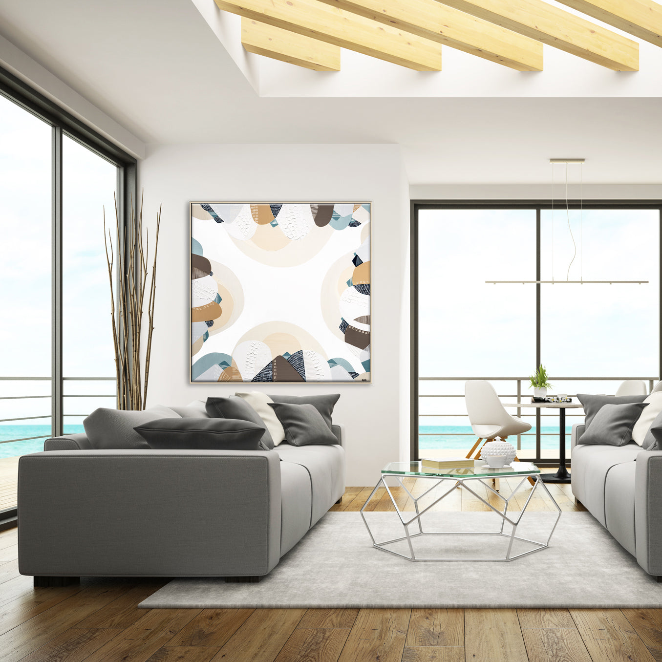 Coastal Bliss print by Melbourne artist Ani Ipradjian – Australian coastal wall art featuring sandy beach tones, ocean blues, and textured abstract design. Perfect for beach house décor, coastal interiors, art collectors, and interior designers worldwide. Free shipping Australia-wide with international delivery available.