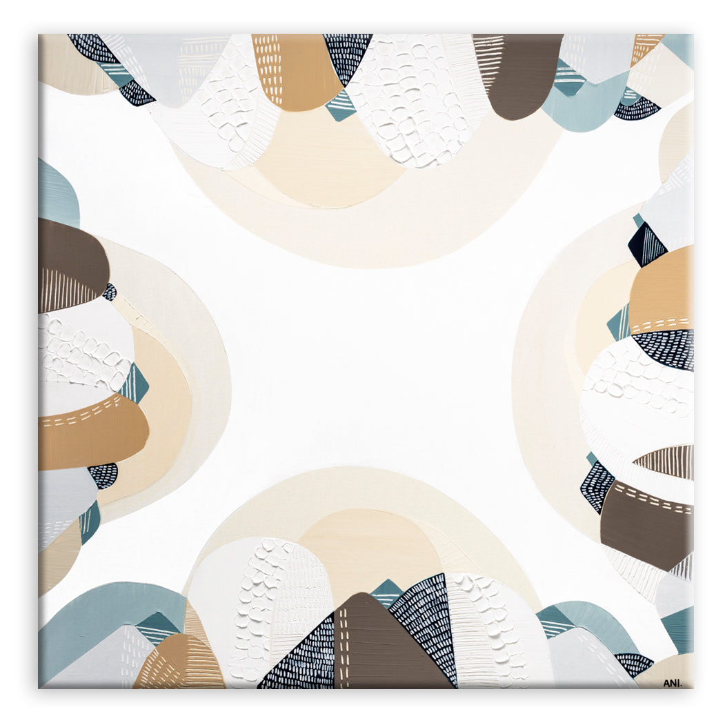 Coastal Bliss print by Melbourne artist Ani Ipradjian – Australian coastal wall art featuring sandy beach tones, ocean blues, and textured abstract design. Perfect for beach house décor, coastal interiors, art collectors, and interior designers worldwide. Free shipping Australia-wide with international delivery available.