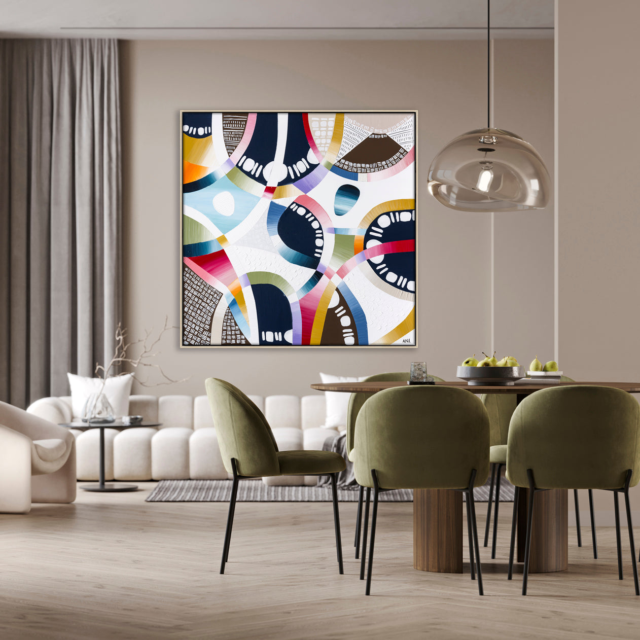 "Coloured Sands" – Original abstract landscape painting by Australian artist Ani Ipradjian, inspired by the layered earth tones and natural beauty of Rainbow Beach in Queensland, featuring textured ochres, blush pinks, and sandy neutrals.