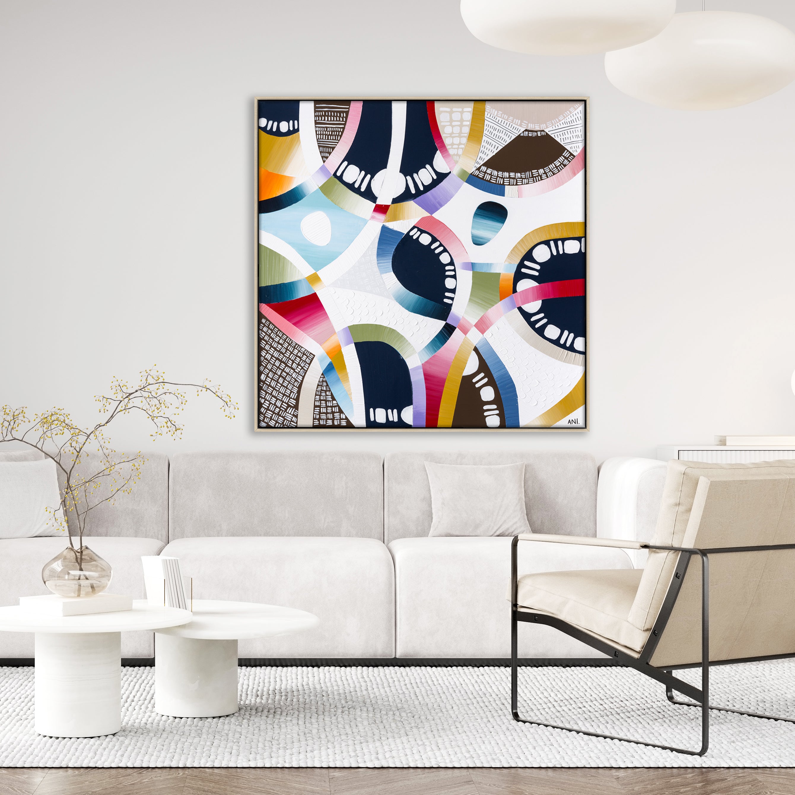"Coloured Sands" – Original abstract landscape painting by Australian artist Ani Ipradjian, inspired by the layered earth tones and natural beauty of Rainbow Beach in Queensland, featuring textured ochres, blush pinks, and sandy neutrals.