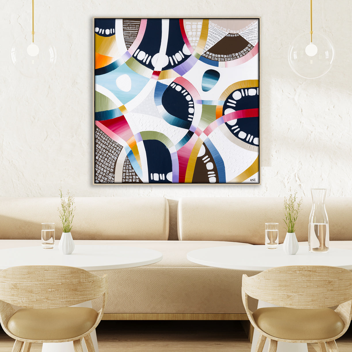 "Coloured Sands" – Original abstract landscape painting by Australian artist Ani Ipradjian, inspired by the layered earth tones and natural beauty of Rainbow Beach in Queensland, featuring textured ochres, blush pinks, and sandy neutrals.