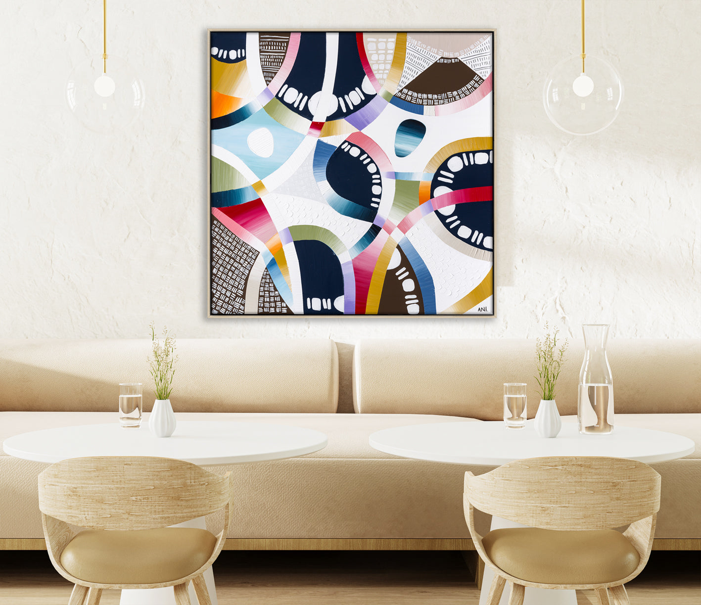 "Coloured Sands" – Original abstract landscape painting by Australian artist Ani Ipradjian, inspired by the layered earth tones and natural beauty of Rainbow Beach in Queensland, featuring textured ochres, blush pinks, and sandy neutrals.