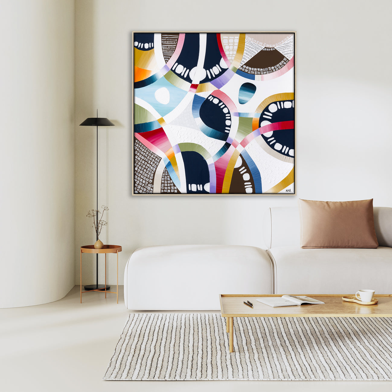 "Coloured Sands" – Original abstract landscape painting by Australian artist Ani Ipradjian, inspired by the layered earth tones and natural beauty of Rainbow Beach in Queensland, featuring textured ochres, blush pinks, and sandy neutrals.